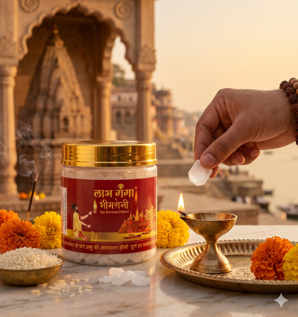 Hand placing camphor in diya beside Labh Ganga Bhimseni camphor jar in a pooja setup.